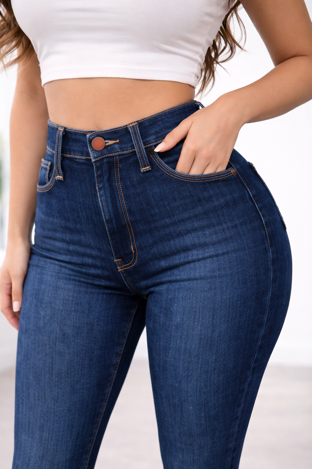 Detalle de la cintura del pantalón Cashia Basi con tiro alto y acabado denim Skinny