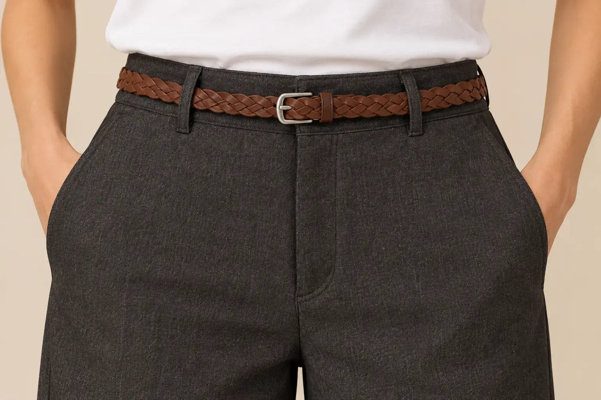 Pantalón de mujer recto con bajo vuelto de Cashia Crest con cinturón trenzado en color marrón.