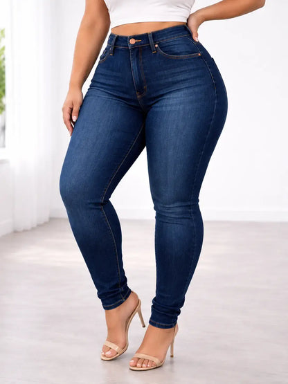 Pantalón Cashia Denim 102 azul denim oscuro, talla 2XL, vaquero pitillo de cintura alta con costuras en contraste.