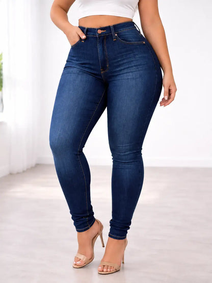 Pantalón Cashia Denim 102 azul denim oscuro, talla L, vaquero pitillo de cintura alta con costuras en contraste