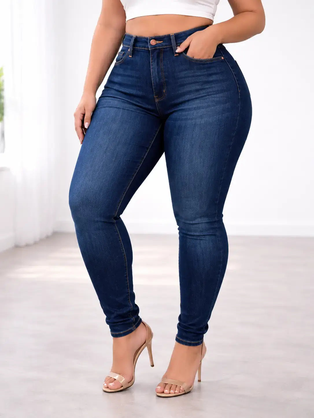 Pantalón Cashia Denim 102 azul denim oscuro, talla XL, vaquero pitillo de cintura alta con costuras en contraste.