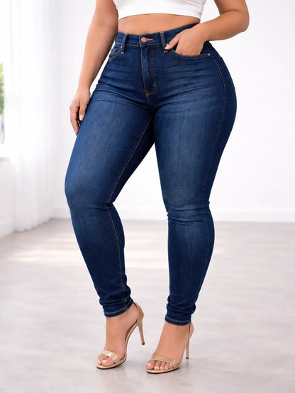 Pantalón Cashia Denim 102 azul denim oscuro, talla XL, vaquero pitillo de cintura alta con costuras en contraste.