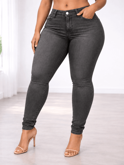Pantalón Cashia Denim 102 gris, talla 2XL, vaquero pitillo de tiro alto con efecto denim lavado y pernera ajustada.