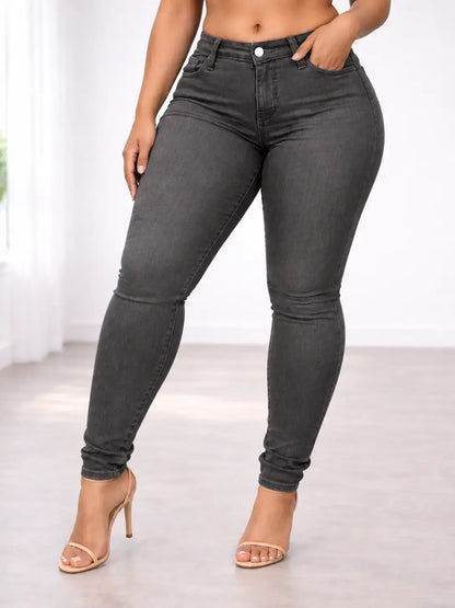 Pantalón Cashia Denim 102 gris, talla L, vaquero pitillo de tiro alto con efecto denim lavado y pernera ajustada.