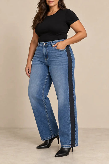 Simulación visual del pantalón Cashia Denim 403 azul en talla 3XL, con camiseta negra ajustada.
