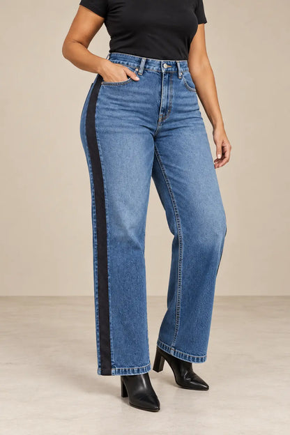 Pantalón Cashia Denim 403 azul, talla XL, en medio plano inferior y pose de tres cuartos.