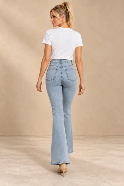 Pantalón Cashia Denim 500 azul claro, talla S, vista de espalda con bolsillos traseros.