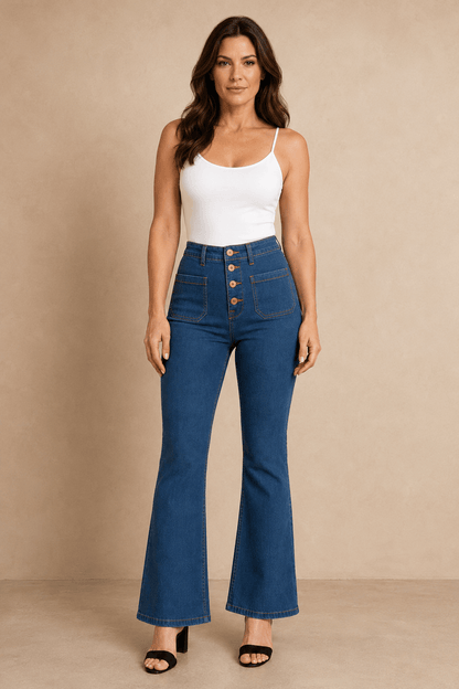 Modelo morena con Pantalón Cashia Denim 502, vista frontal de cuerpo entero.