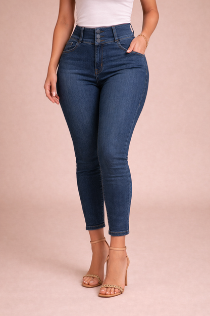 Detalle pantalón denim azul mujer de corte recto con cintura alta y tres botones estilo elegante Cashia