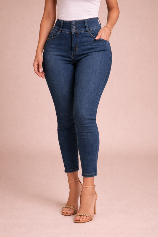 Detalle pantalón denim azul mujer de corte recto con cintura alta y tres botones estilo elegante Cashia