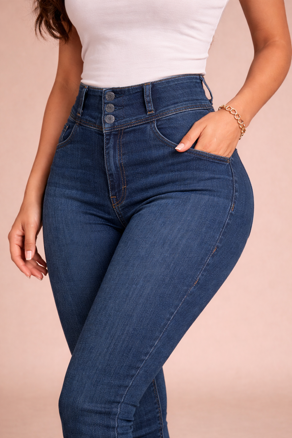Detalle cintura pantalón denim azul mujer con triple botón del mismo tejido y corte de cintura alta Cashia