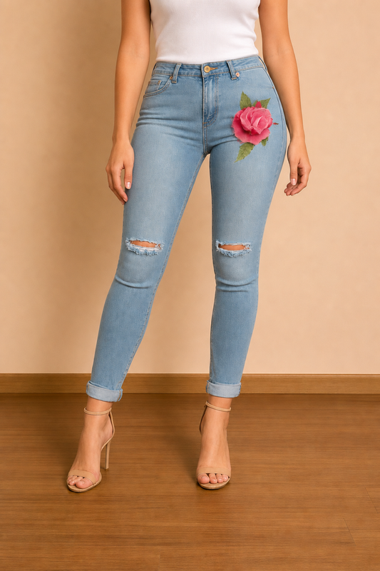 Pantalón Cashia Denim Flor azul claro con rosa y rotos, medio plano inferior