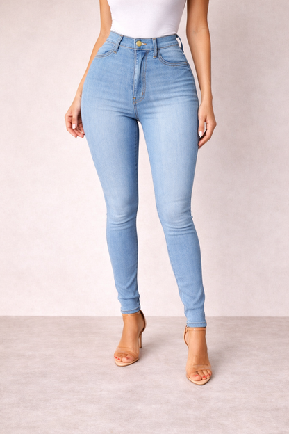 Pantalón Cashia denim slim fit azul medio de cintura alta vista frontal medio plano inferior con sandalias elegantes