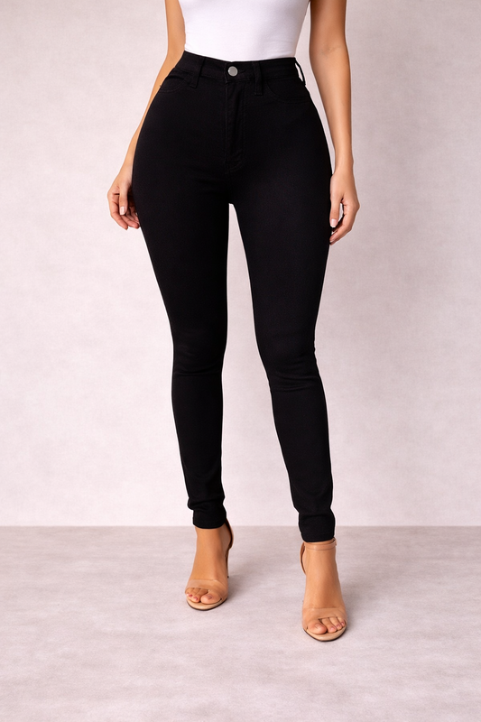 Pantalón Cashia denim slim fit negro de cintura alta vista frontal medio plano inferior con sandalias cámel