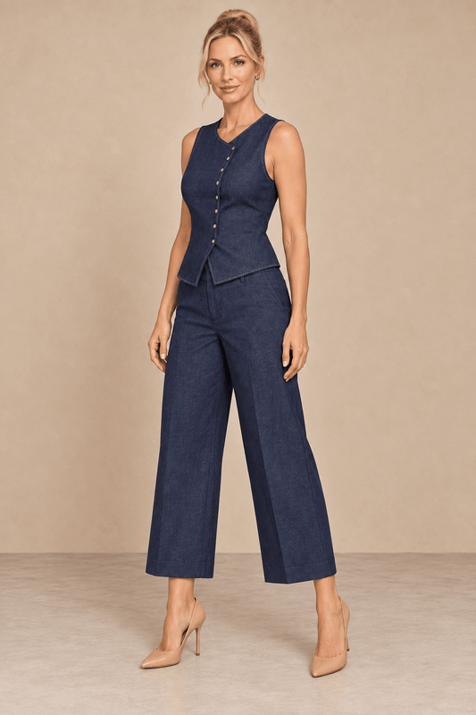 Pantalón Cashia Denim Vest azul oscuro de pernera ancha, vista diagonal en modelo rubia.
