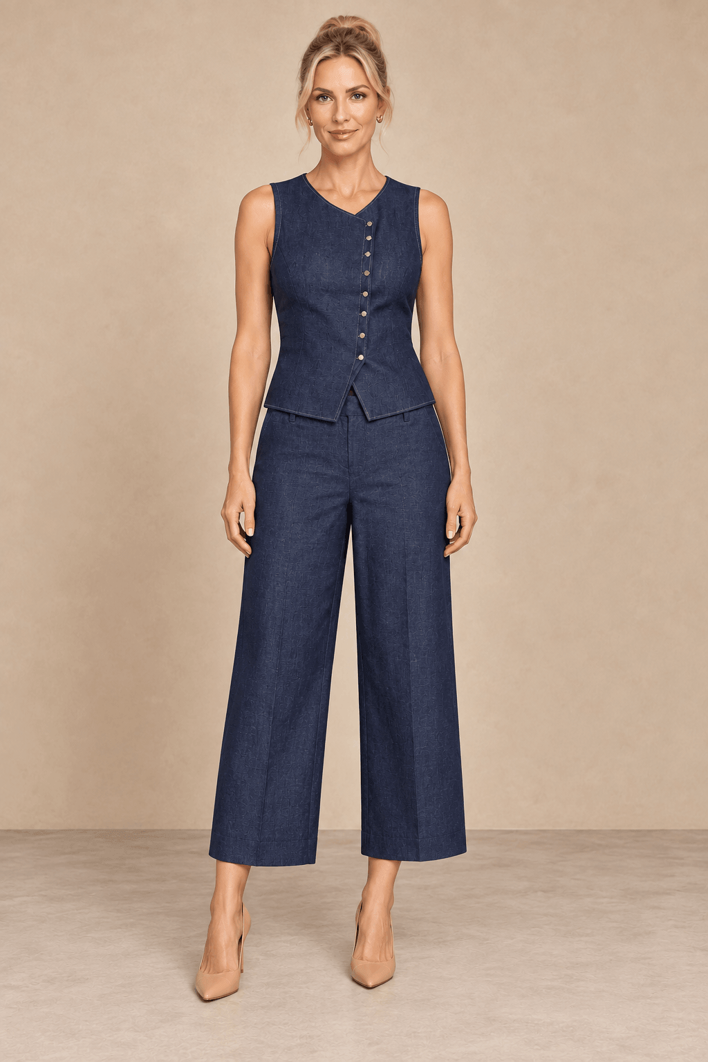 Pantalón Cashia Denim Vest azul oscuro al tobillo con chaleco a juego, vista frontal en modelo rubia.