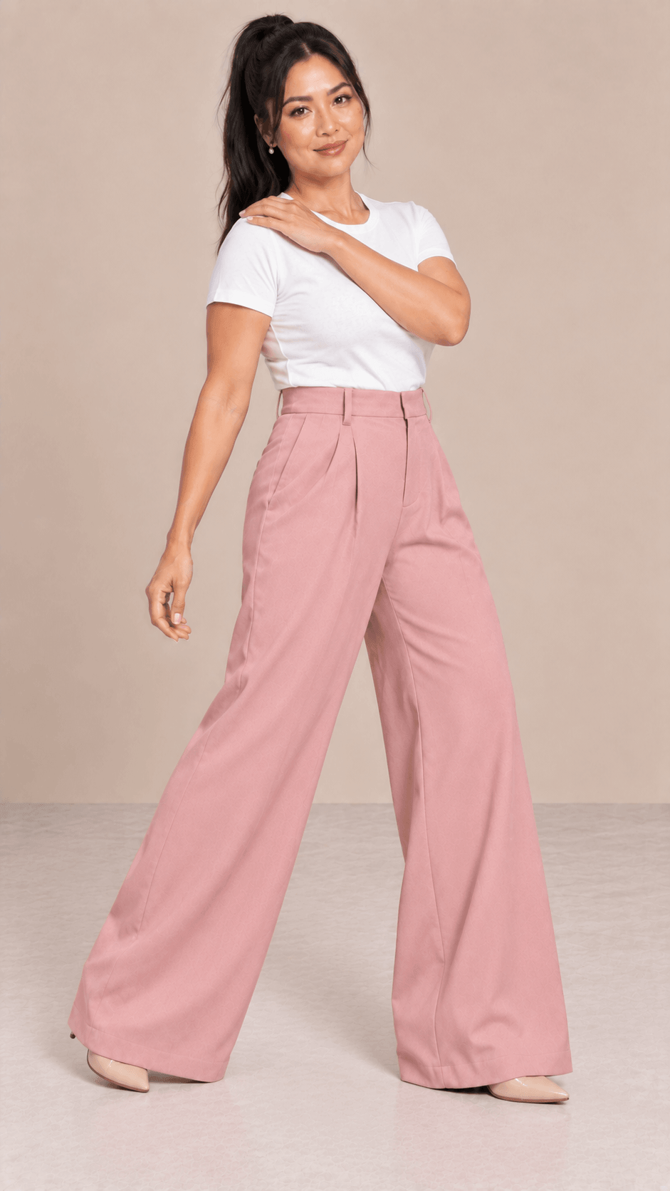 Pantalón Cashia Flow rosa empolvado talla L en medio plano inferior