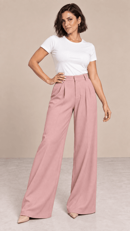 Pantalón Cashia Flow rosa empolvado talla M de pierna ancha en cuerpo entero