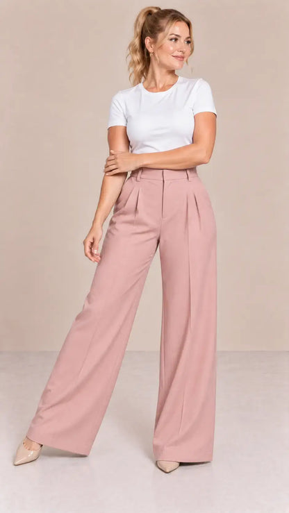Pantalón Cashia Flow rosa empolvado talla S en cuerpo entero con modelo rubia