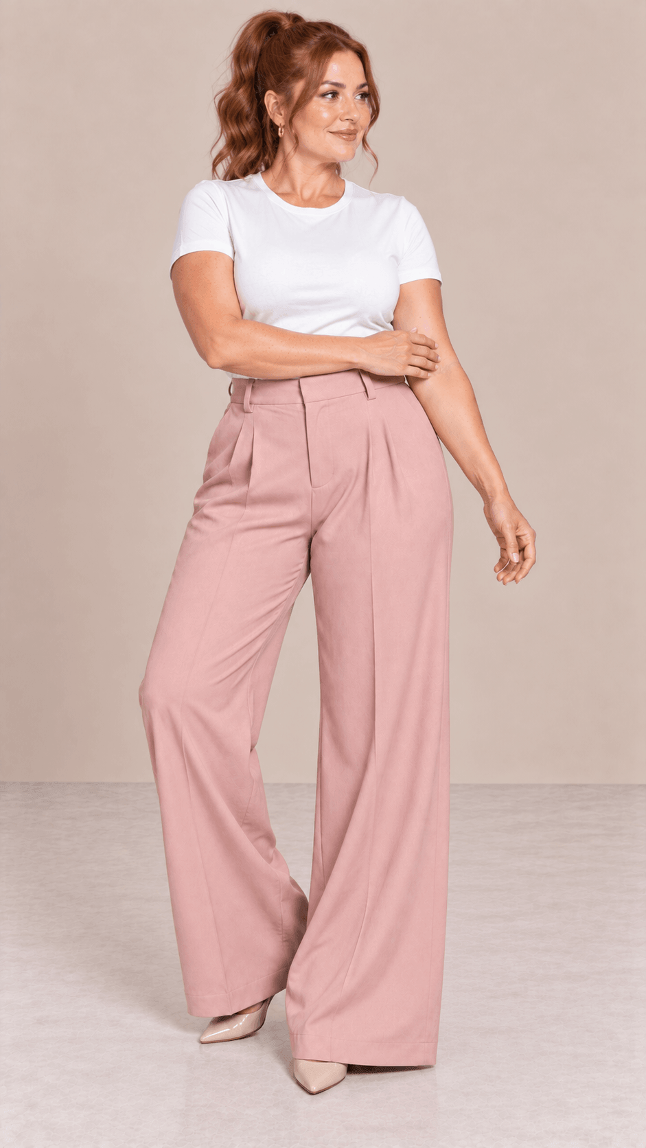 Pantalón Cashia Flow rosa empolvado talla XL de pierna ancha en cuerpo entero