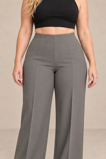Pantalón de mujer tiro alto pierna amplia en color gris, ideal para un estilo elegante y contemporáneo.