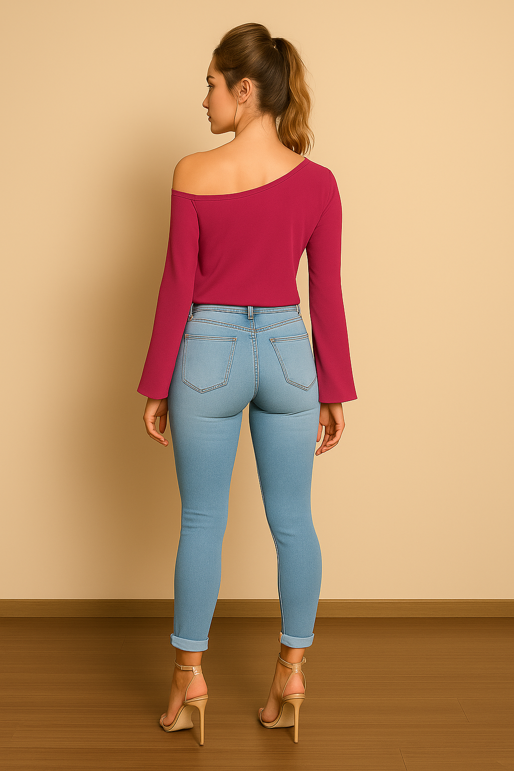 Pantalón Cahia Toledo, vaquero claro con bordado de flor, vista de espaldas