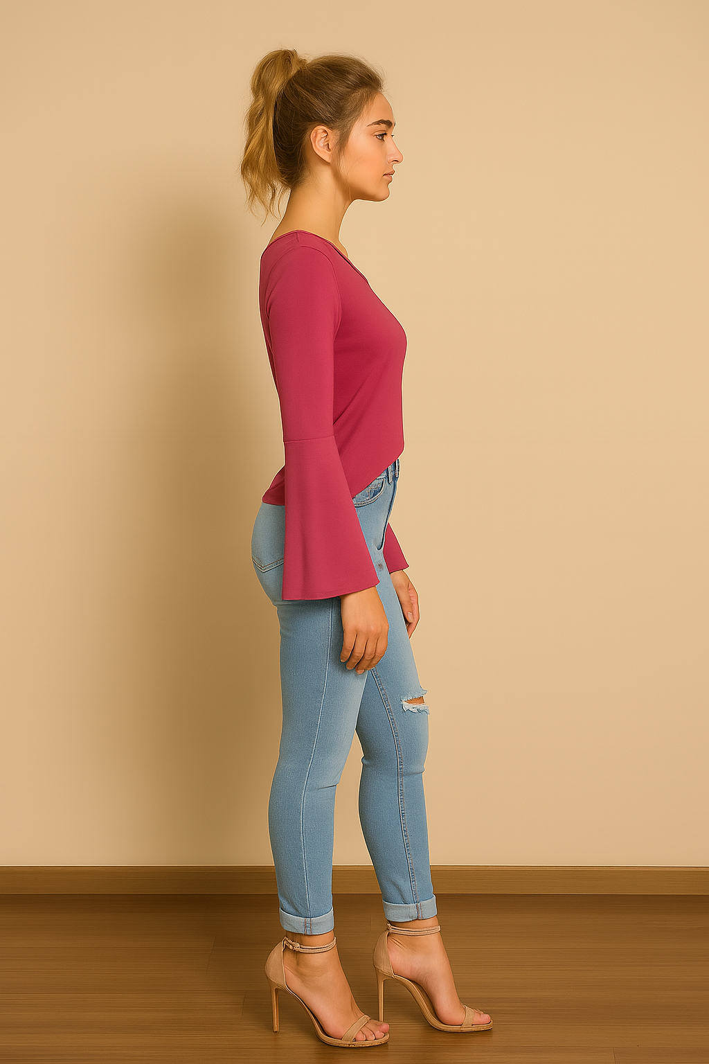 Pantalón Cahia Toledo, vaquero claro con bordado de flor, vista de perfil