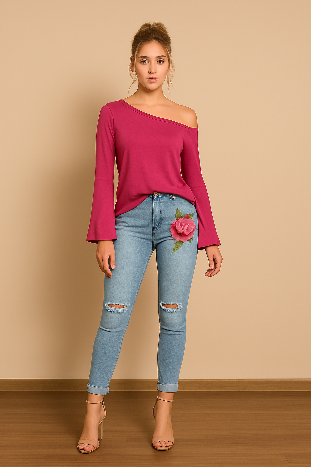 Pantalón Cahia Toledo, vaquero claro con bordado de flor, vista frontal de cuerpo entero