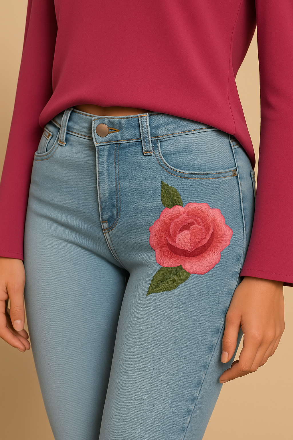 Pantalón Cahia Toledo, vaquero claro con bordado de flor, detalle del bordado