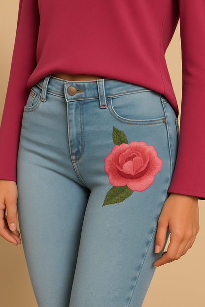 Pantalón Cahia Toledo, vaquero claro con bordado de flor, detalle del bordado