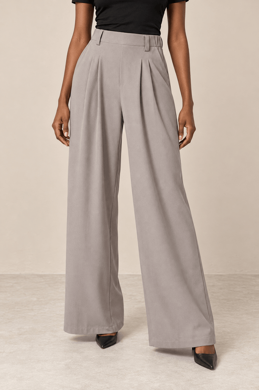Pantalón ancho de tiro alto en gris claro Cashia Vault, con pliegues y corte elegante, ideal para cualquier ocasión.