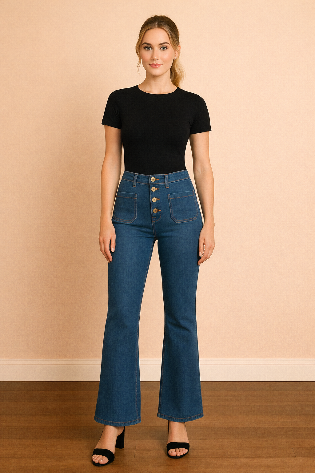 Pantalón Cashia Málaga azul denim de tiro alto y corte acampanado en plano frontal de cuerpo entero, con botones delanteros visibles y bolsillos frontales, combinado con camiseta negra sobre fondo nude con suelo de parquet marrón oscuro.