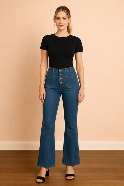 Pantalón Cashia Málaga azul denim de tiro alto y corte acampanado en plano frontal de cuerpo entero, con botones delanteros visibles y bolsillos frontales, combinado con camiseta negra sobre fondo nude con suelo de parquet marrón oscuro.