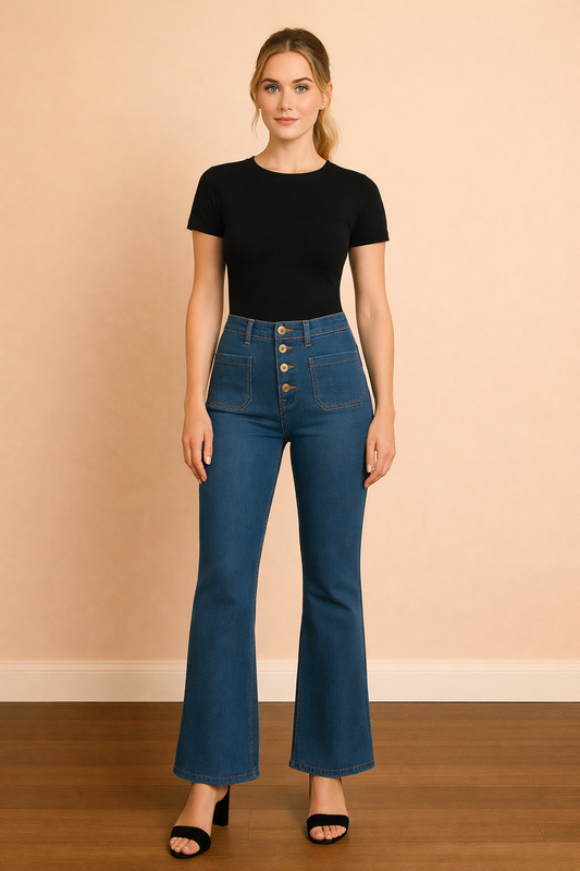 Pantalón Cashia Málaga azul denim de tiro alto y corte acampanado en plano frontal de cuerpo entero, con botones delanteros visibles y bolsillos frontales, combinado con camiseta negra sobre fondo nude con suelo de parquet marrón oscuro.