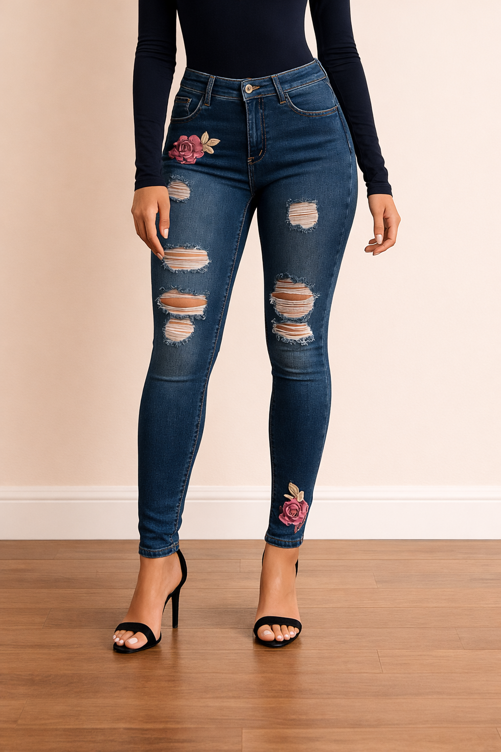 Pantalón Cashia Toledo vaquero azul oscuro en medio plano inferior, con rotos frontales y bordados florales sobre fondo nude y suelo de madera.