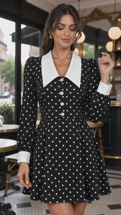 Vestido de lunares manga larga con cuello solapa Cashia Elena