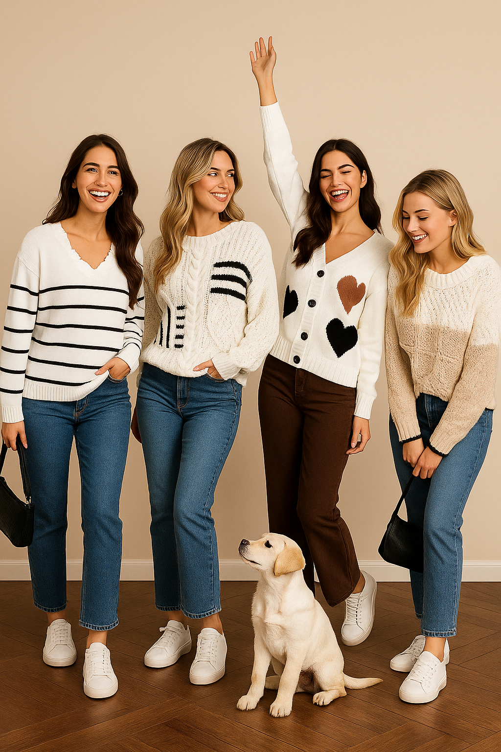 Rebeca Cashia Verona, colección Cashia Punto, color beige con dibujo de corazones, modelos con suéteres Cashia Praga y Cashia Roma, posando con un perrito