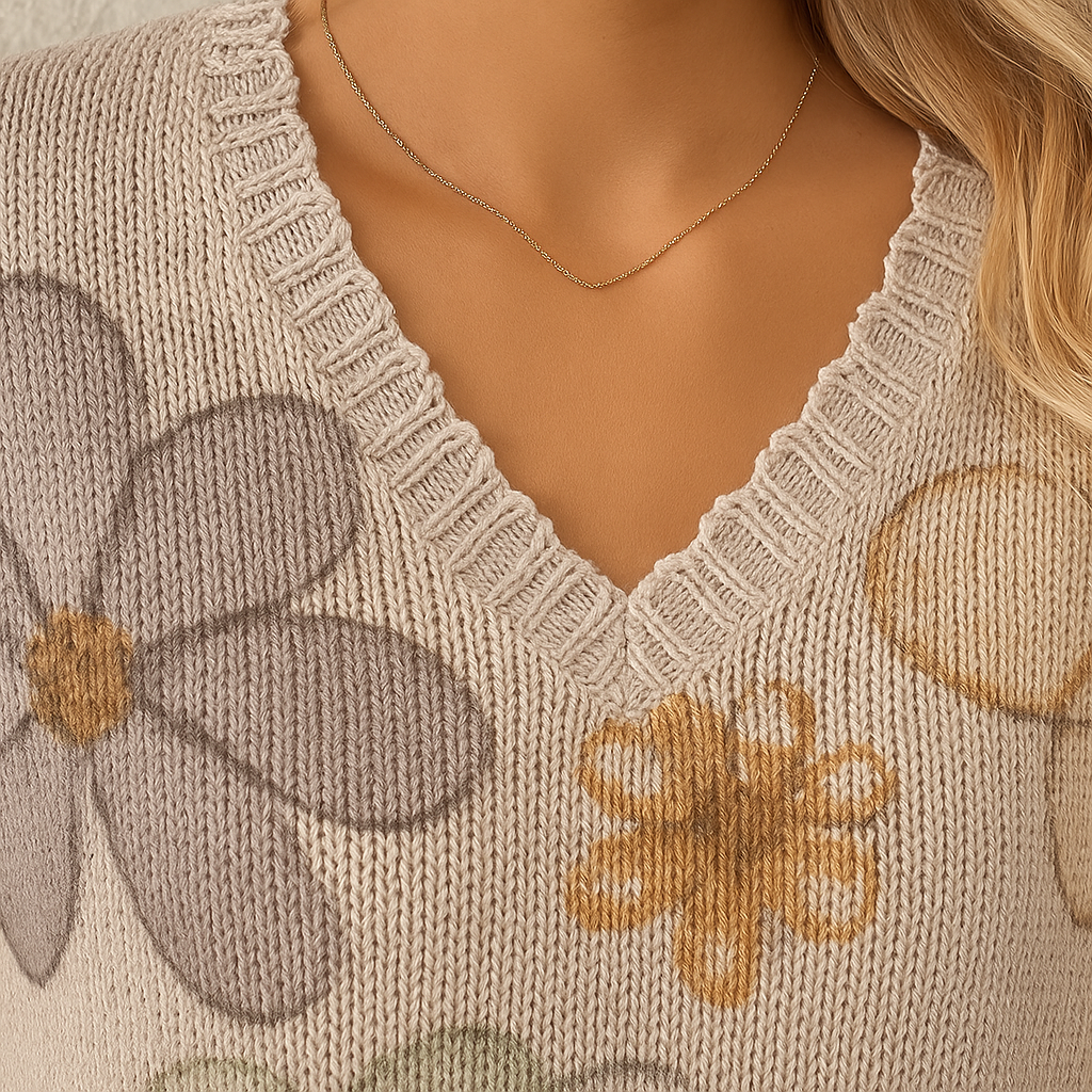 Suéter Cashia MIlán, de la colección Cashia Punto,color beige con dibujo de flores, detalle del cuello