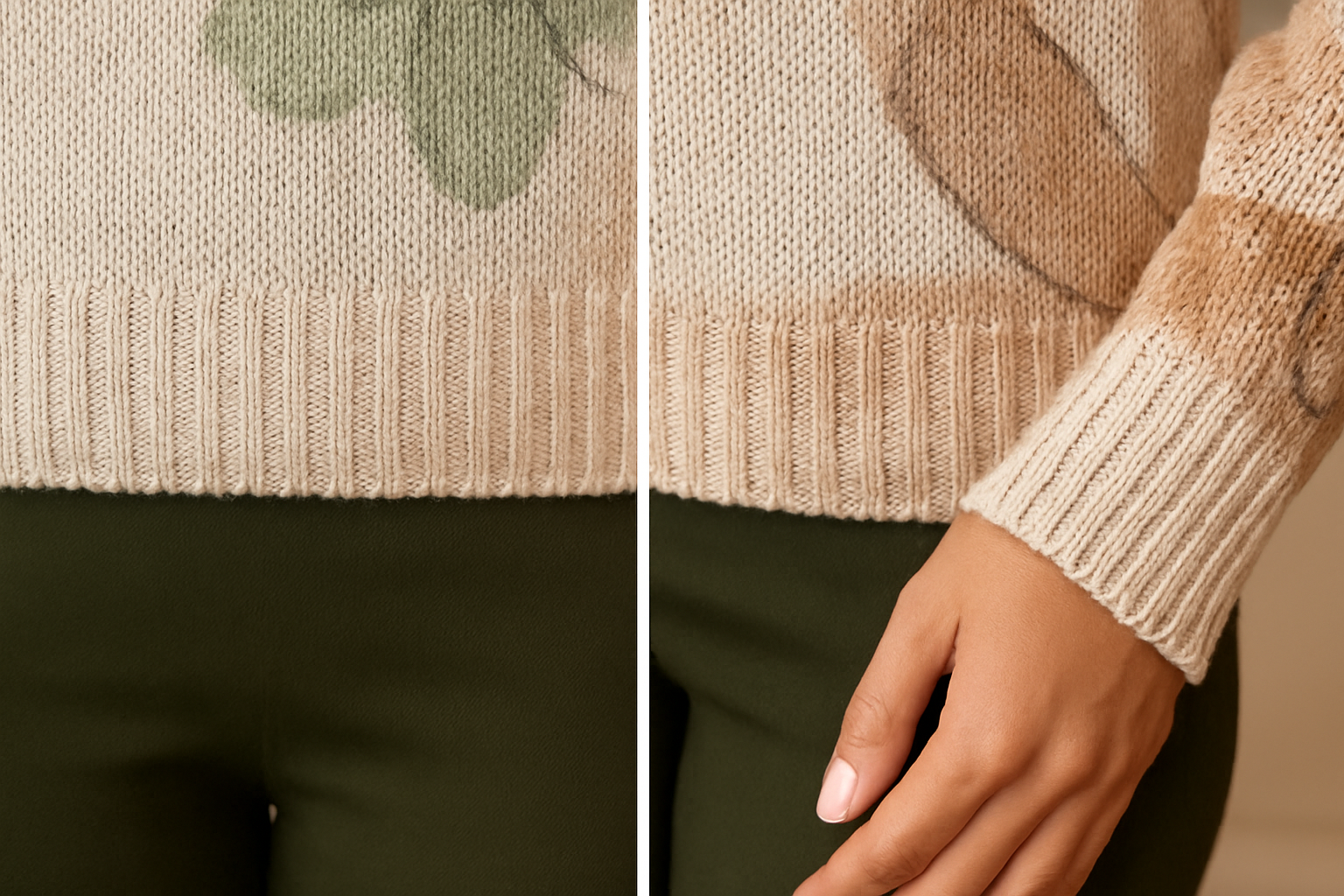 Suéter Cashia MIlán, de la colección Cashia Punto,color beige con dibujo de flores, detalle del bajo y del puño