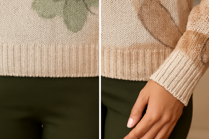 Suéter Cashia MIlán, de la colección Cashia Punto,color beige con dibujo de flores, detalle del bajo y del puño
