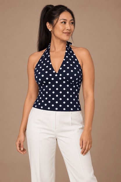 Top Cashia Amalfi blanco de lunares negros, escote halter en V y cintura entallada, modelo talla L con pantalón negro.