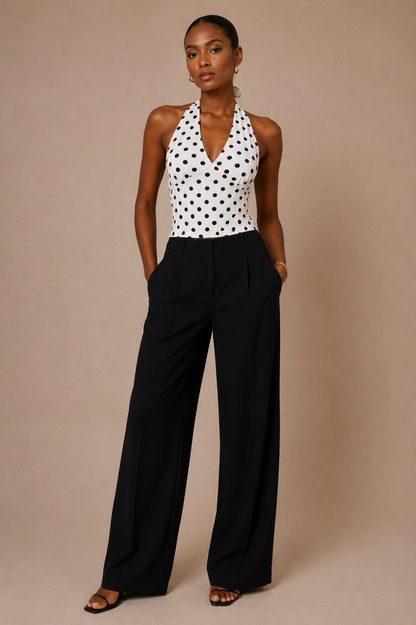 Modelo Cashia de raza negra con Top Cashia Amalfi blanco de lunares, cuello halter anudado y pantalón negro sobre fondo nude.