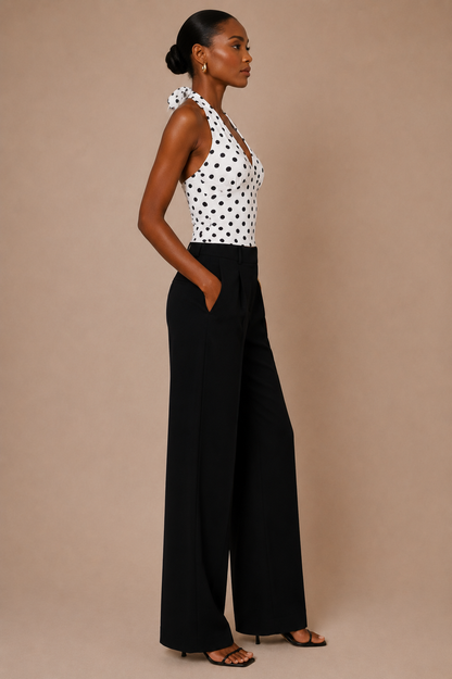 Vista de perfil del Top Cashia Amalfi blanco de lunares, con cuello halter anudado, combinado con pantalón negro sobre fondo nude.