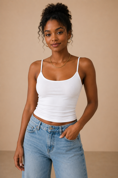 Top Cashia Basic Tirantes blanco en medio plano frontal, con tirantes finos, escote amplio y ajuste slim fit combinado con pantalón tejano wide leg.