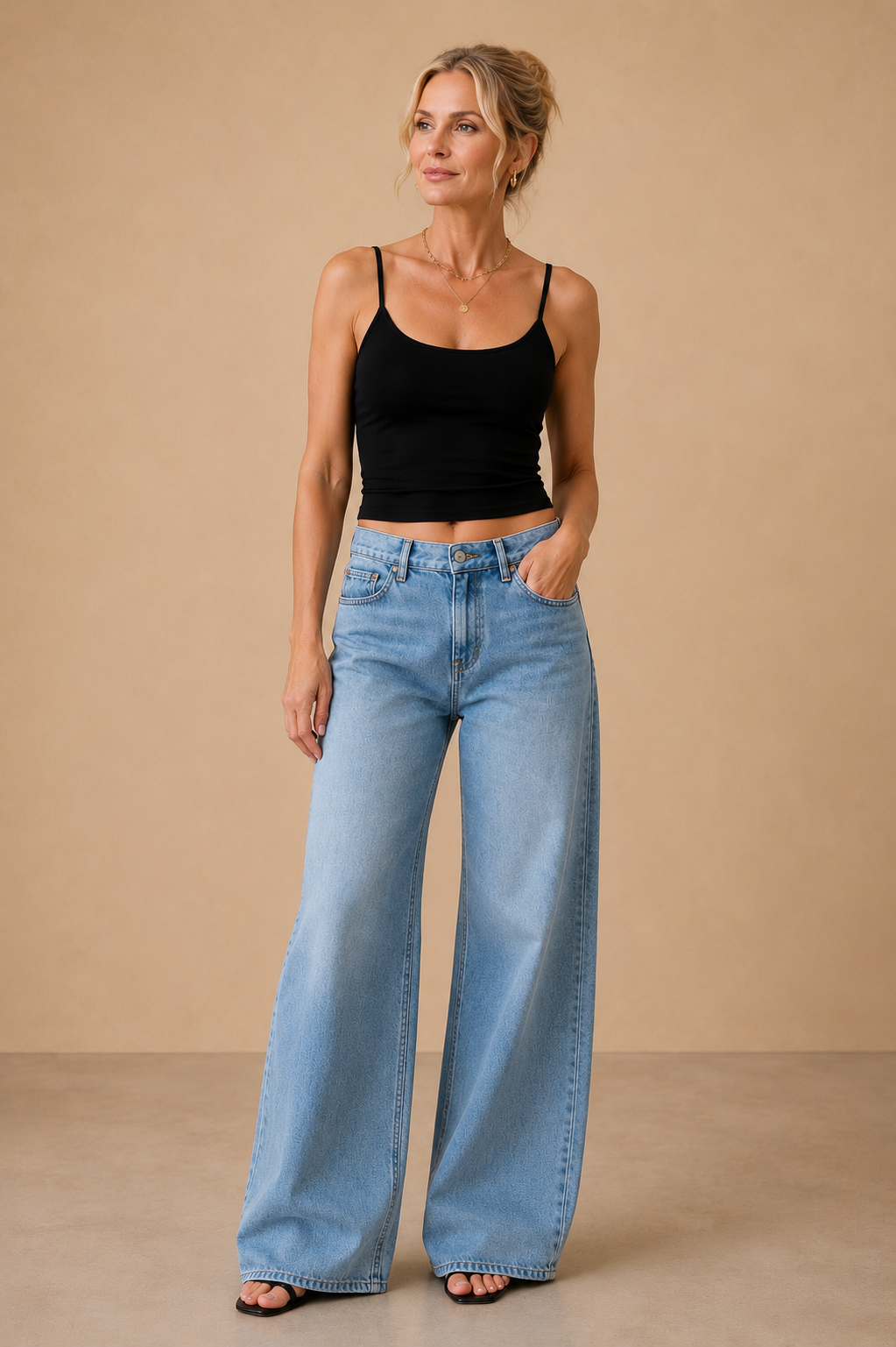 Top Cashia Basic Tirantes negro con tirantes finos, combinado con pantalón tejano wide leg en vista frontal de cuerpo entero.