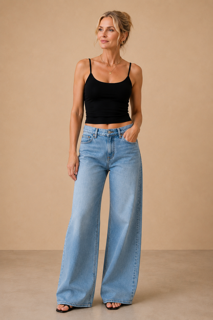 Top Cashia Basic Tirantes negro con tirantes finos, combinado con pantalón tejano wide leg en vista frontal de cuerpo entero.