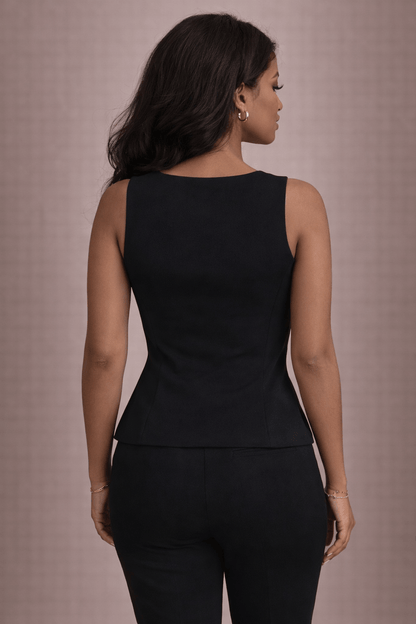 Top Cashia Claudia negro visto desde atrás en modelo mujer elegante con pantalón negro