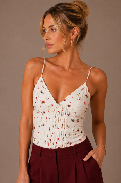 Detalle superior del Top Cashia Portofino floral blanco con escote en pico y tirantes finos.