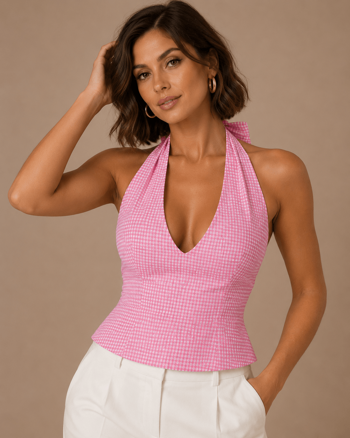 Top Cashia Treviso cuadro rosa en talla M, medio plano superior, escote halter pronunciado y modelo Cashia M.