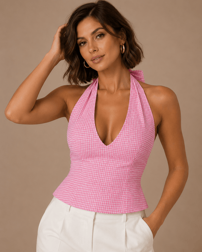 Top Cashia Treviso cuadro rosa en talla M, medio plano superior, escote halter pronunciado y modelo Cashia M.